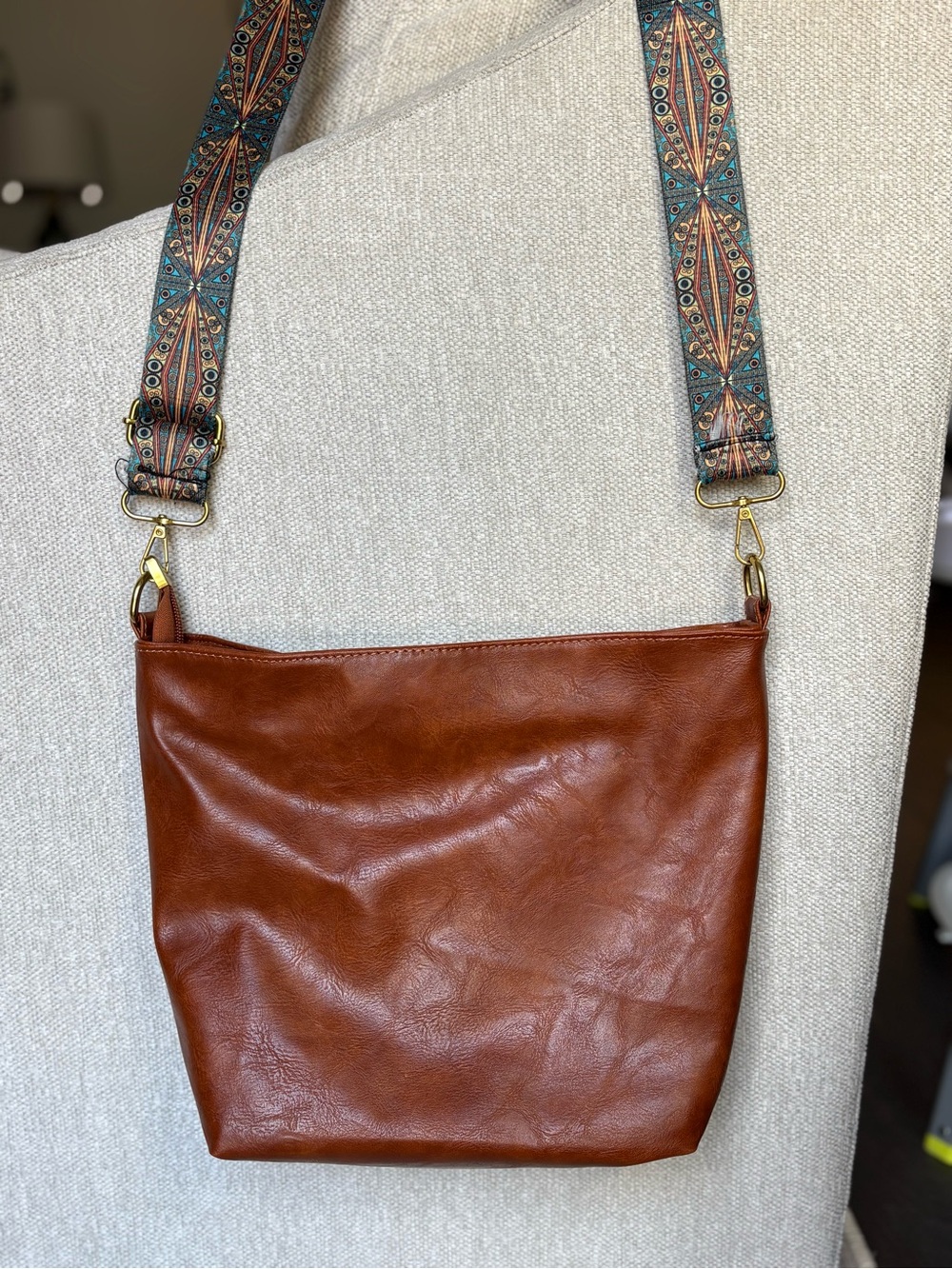 Brown Bohemian Vegan Leather Crossbody Bag With Geometric Guitar Style Strap